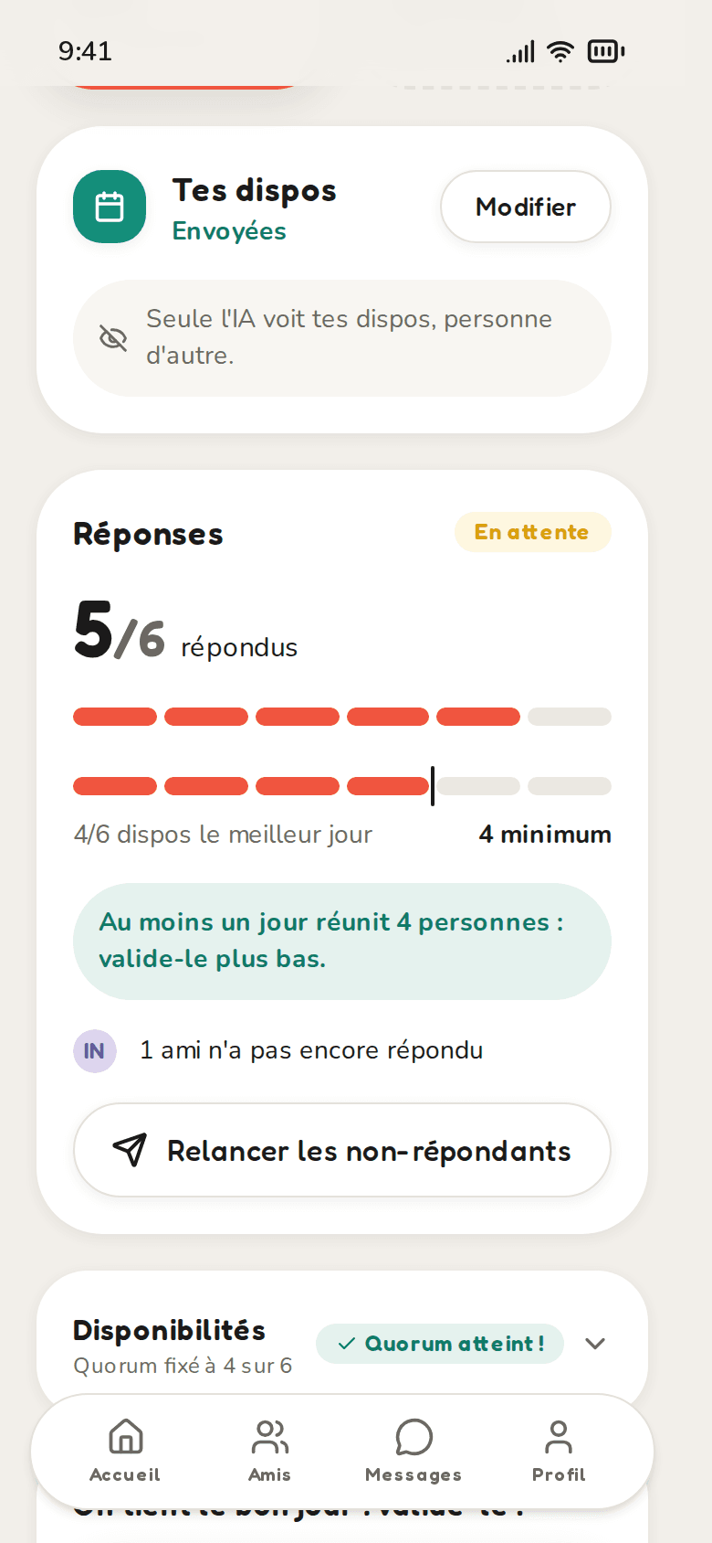 Page d'un moment dans REUNii : 4 dispos reçues sur 6, quorum atteint, bouton pour valider samedi 17 octobre