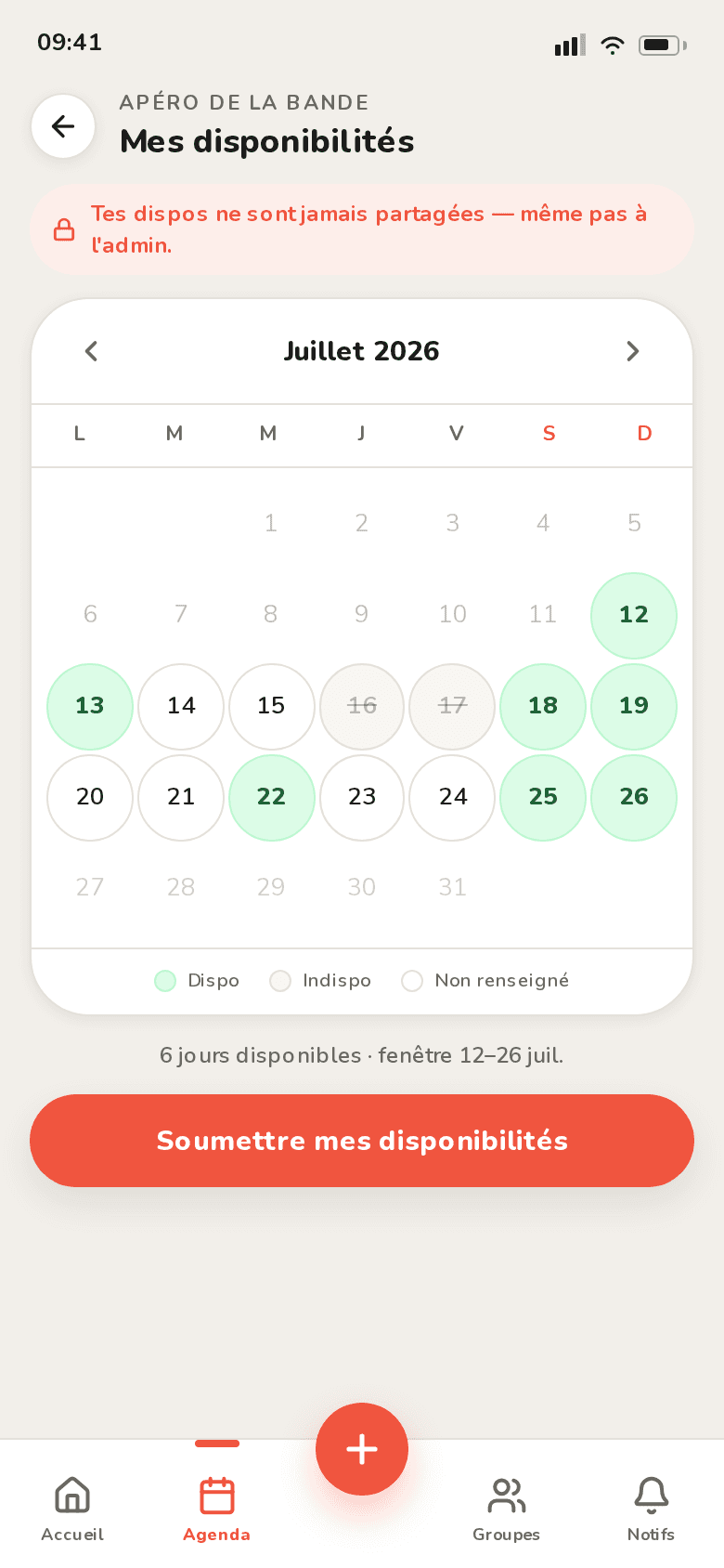 Écran de saisie de disponibilités REUNii — calendrier juillet 2026 avec jours disponibles en vert