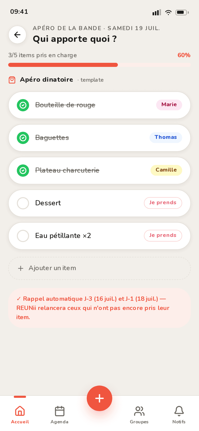 Écran de checklist REUNii — liste des items avec Marie, Thomas et Camille assignés